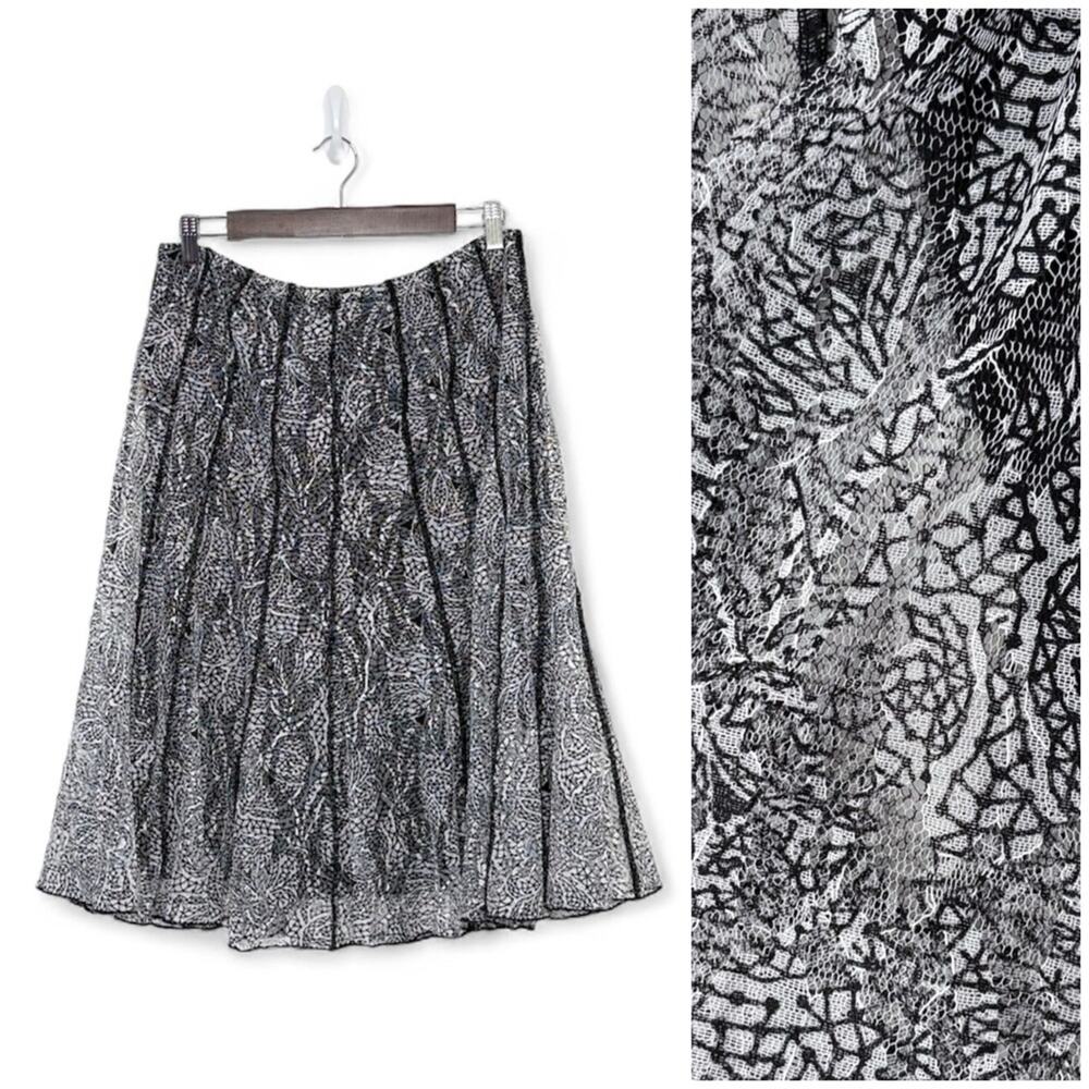 Coldwater Creek Lace Skirt Women 8 Black White A Line Knee Length Elastic Waist